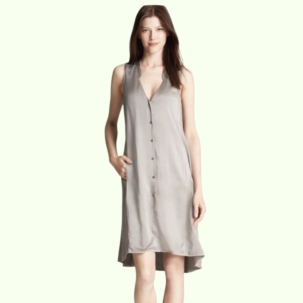 Eileen Fisher‎ Mandarin V-Neck Dress Stone Grey Silk Large Button Up NWT